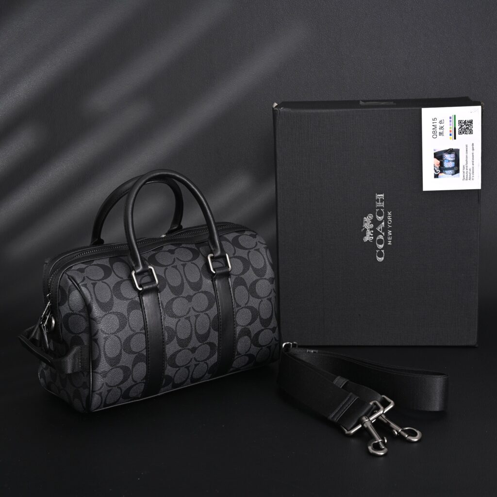 Coach Signature Duffel Bag – Black Monogram Canvas with Leather Trim