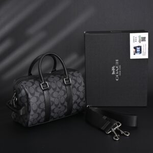 Coach Signature Duffel Bag – Black Monogram Canvas with Leather Trim