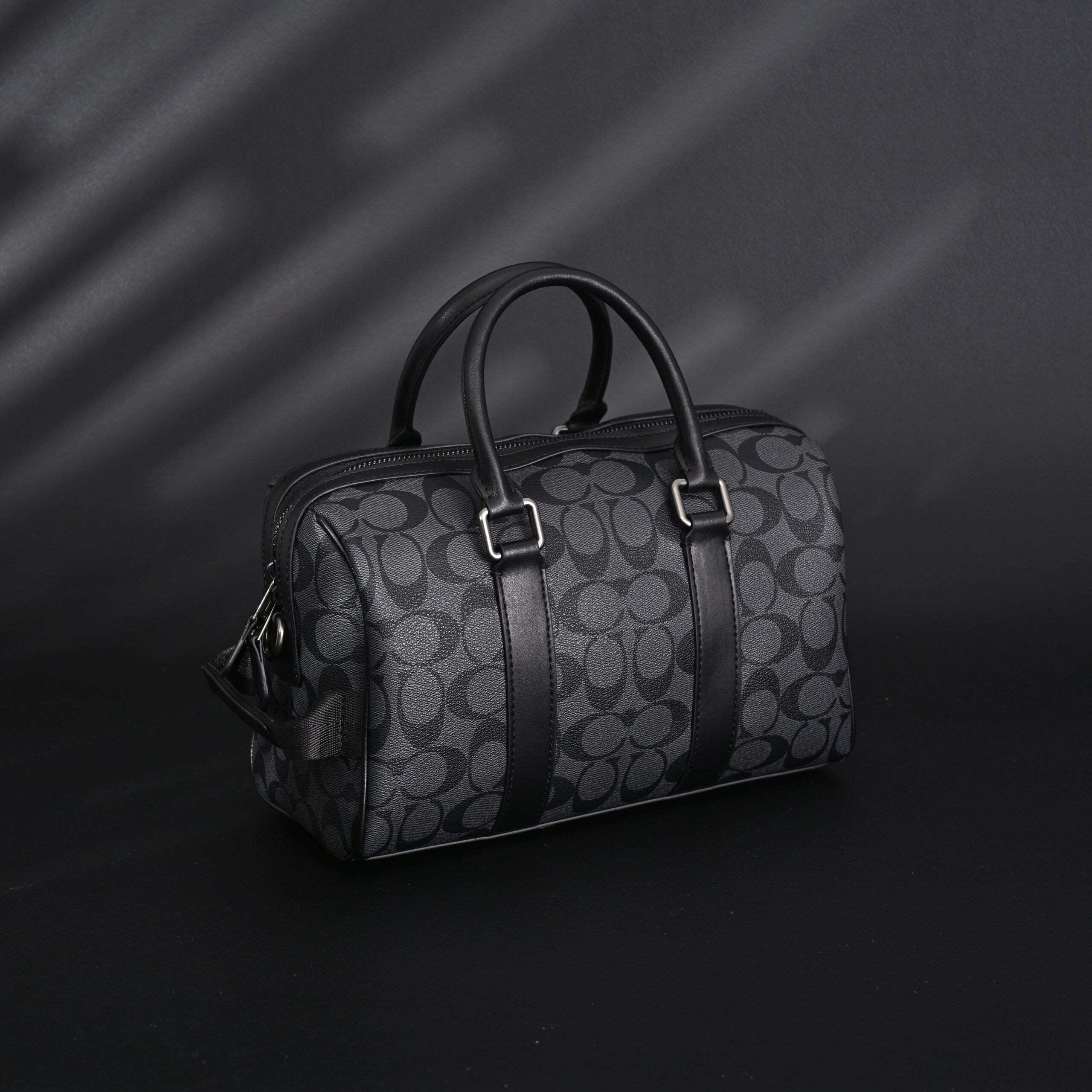 Coach Signature Duffel Bag – Black Monogram Canvas with Leather Trim - Image 2