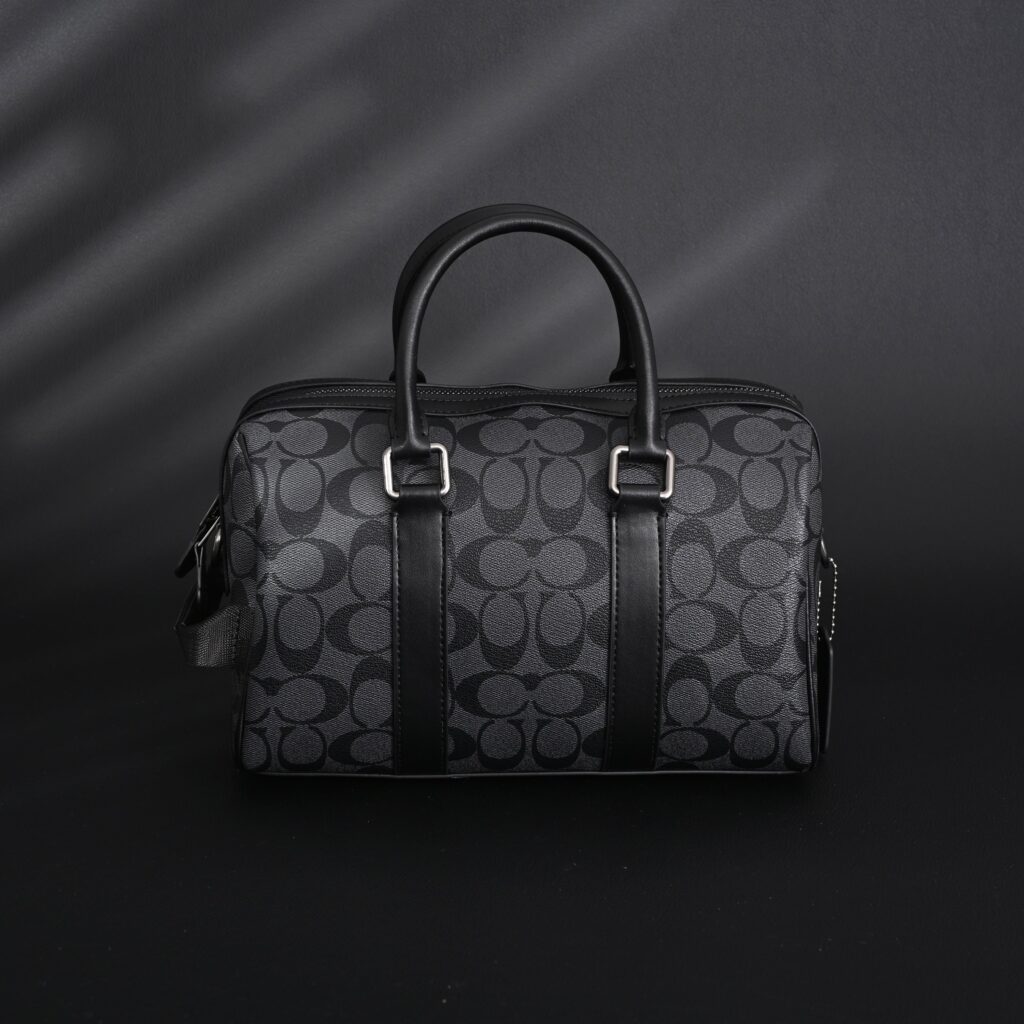 Coach Signature Duffel Bag – Black Monogram Canvas with Leather Trim