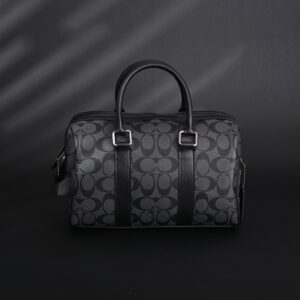 Coach Signature Duffel Bag – Black Monogram Canvas with Leather Trim - Image 3