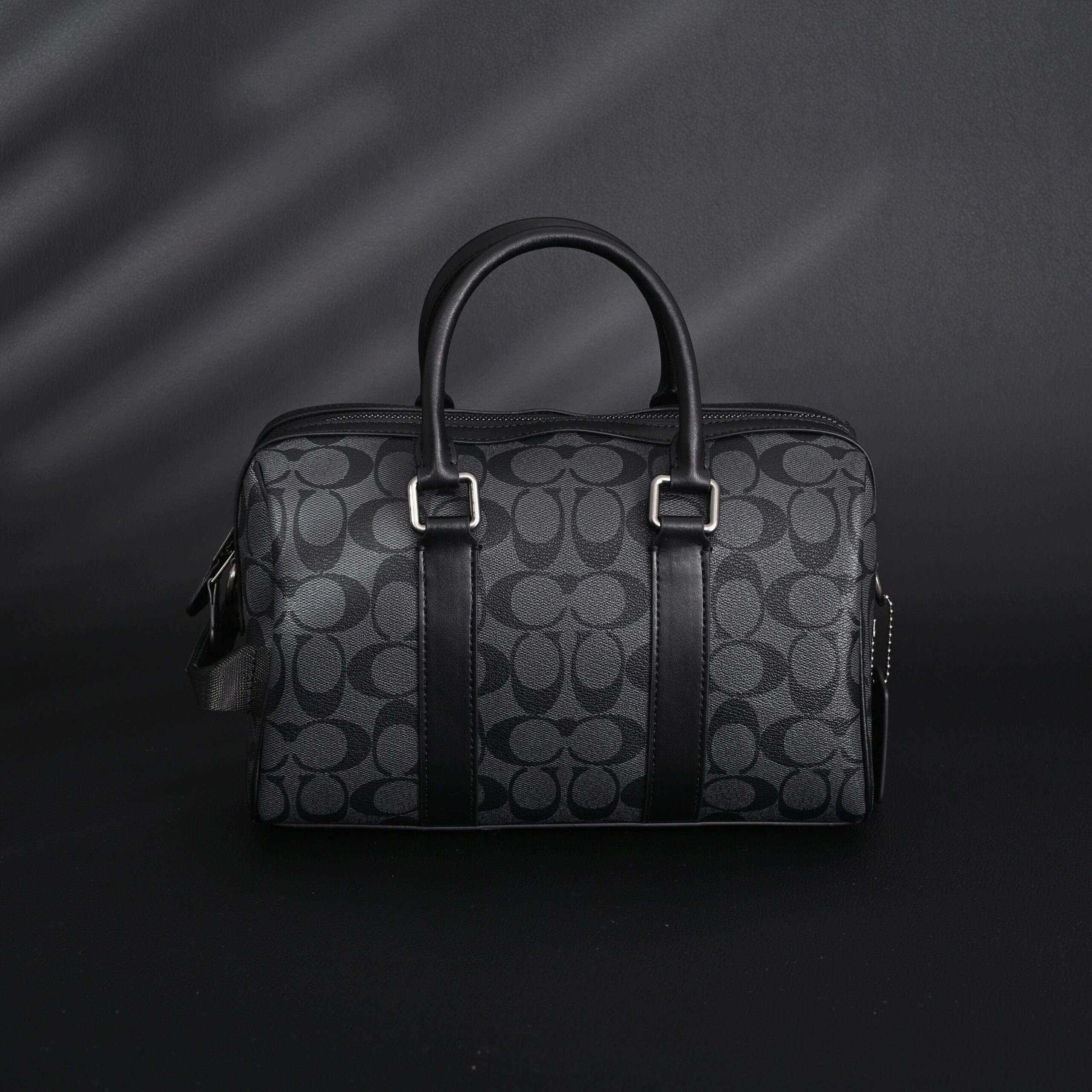 Coach Signature Duffel Bag – Black Monogram Canvas with Leather Trim - Image 3