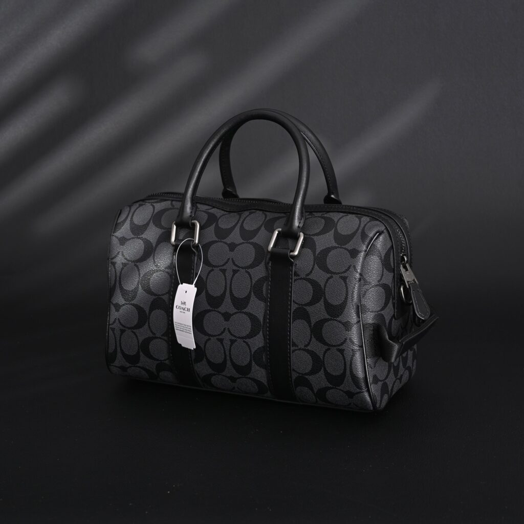 Coach Signature Duffel Bag – Black Monogram Canvas with Leather Trim