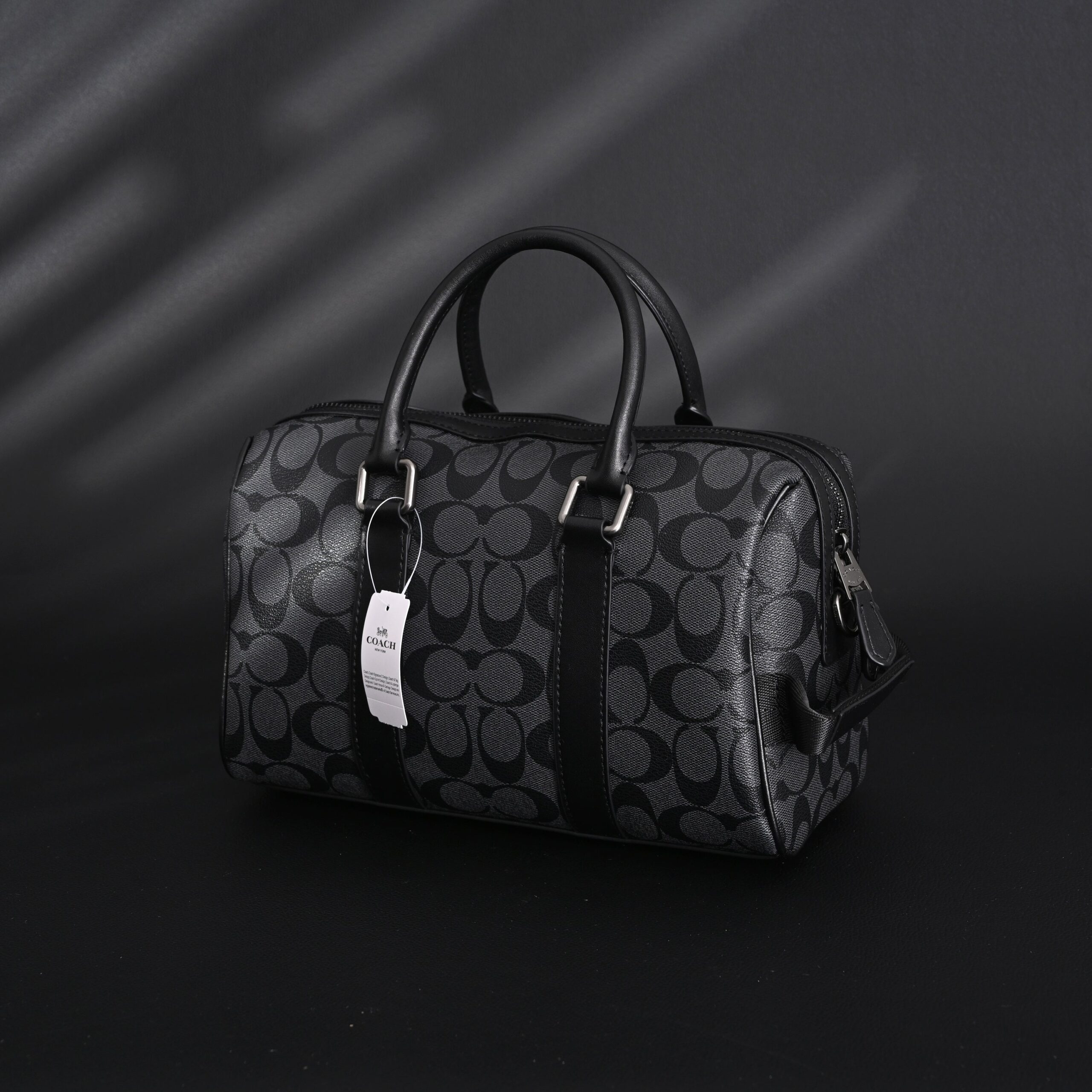 Coach Signature Duffel Bag – Black Monogram Canvas with Leather Trim - Image 5