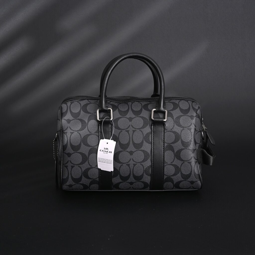 Coach Signature Duffel Bag – Black Monogram Canvas with Leather Trim