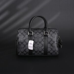Coach Signature Duffel Bag – Black Monogram Canvas with Leather Trim - Image 7