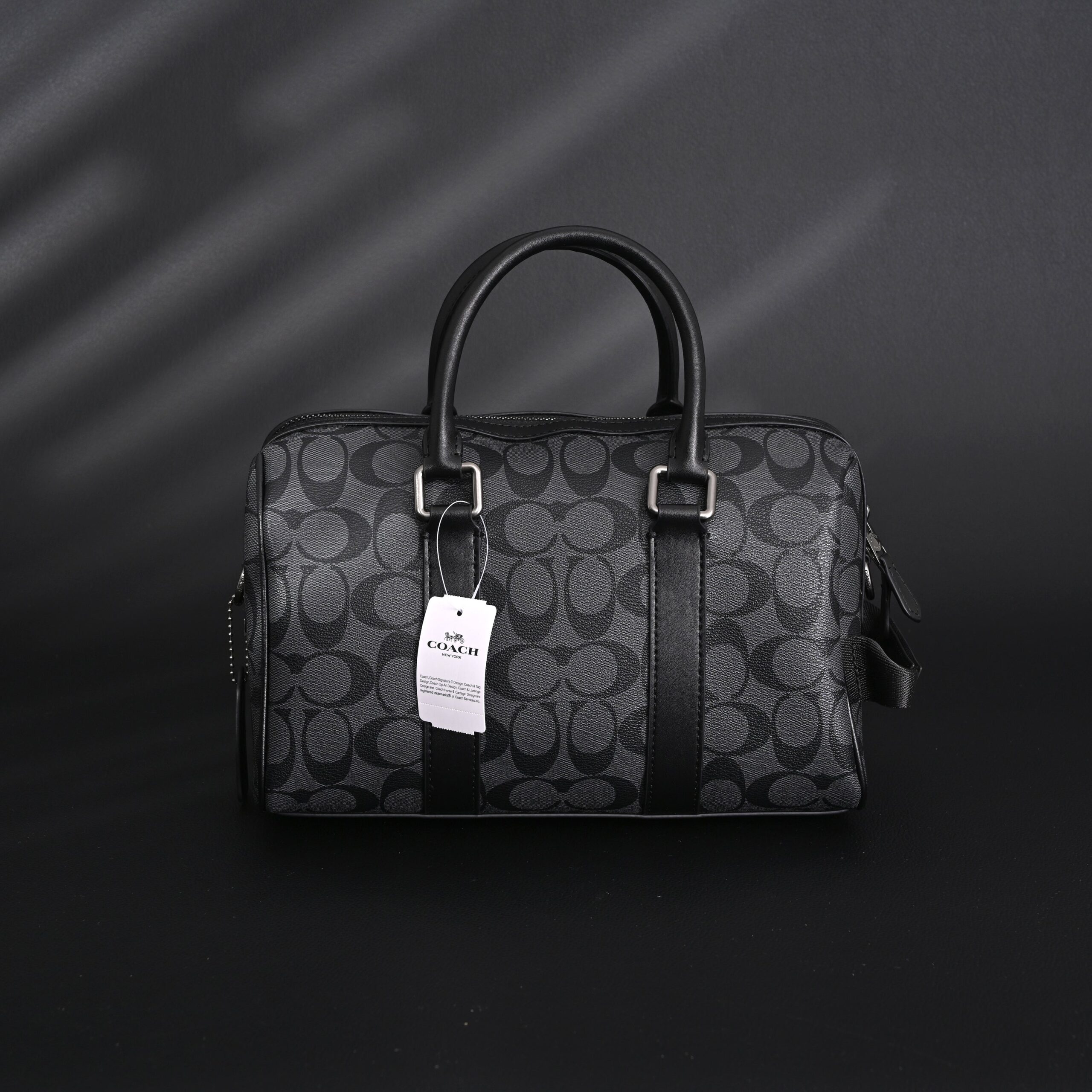 Coach Signature Duffel Bag – Black Monogram Canvas with Leather Trim - Image 7