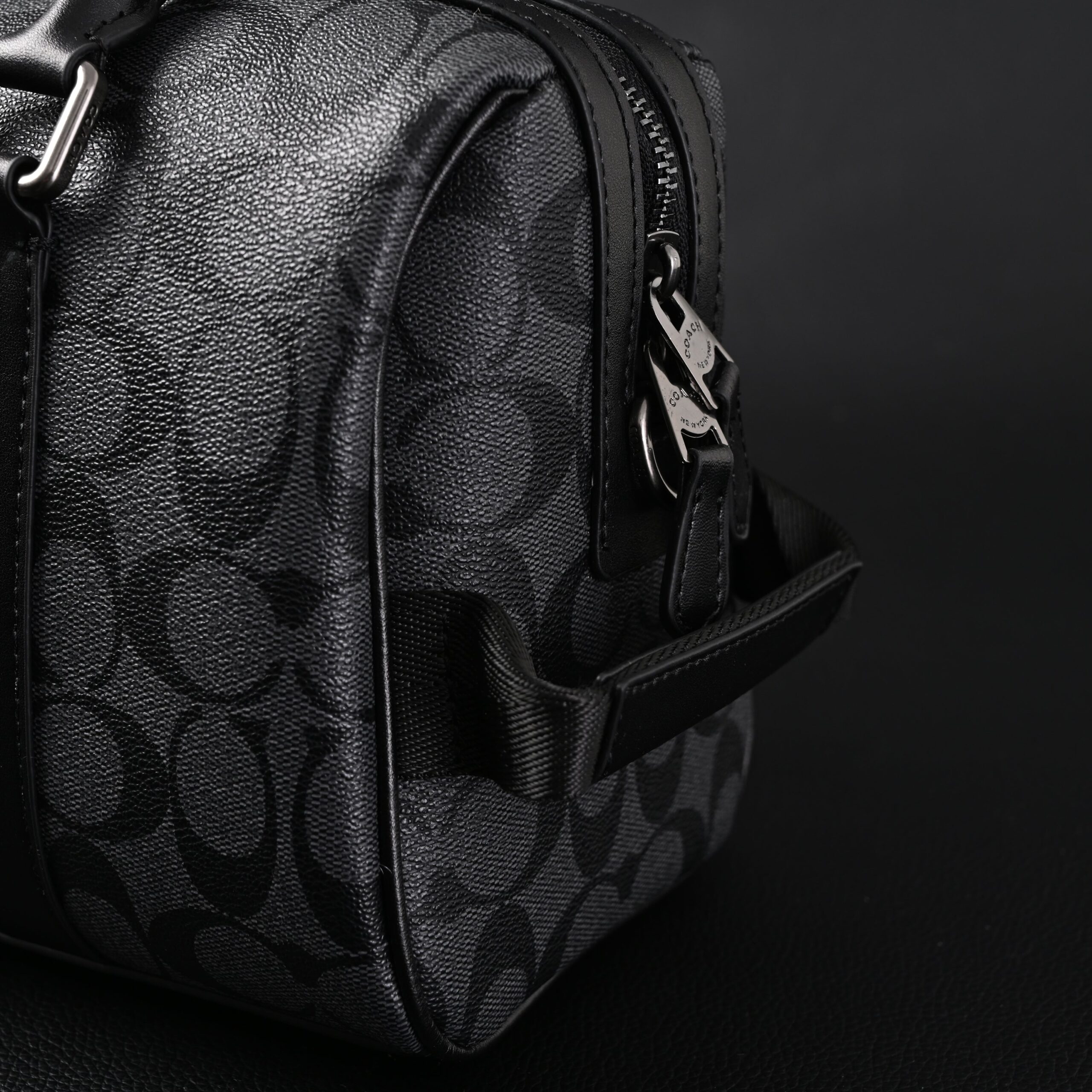Coach Signature Duffel Bag – Black Monogram Canvas with Leather Trim - Image 9
