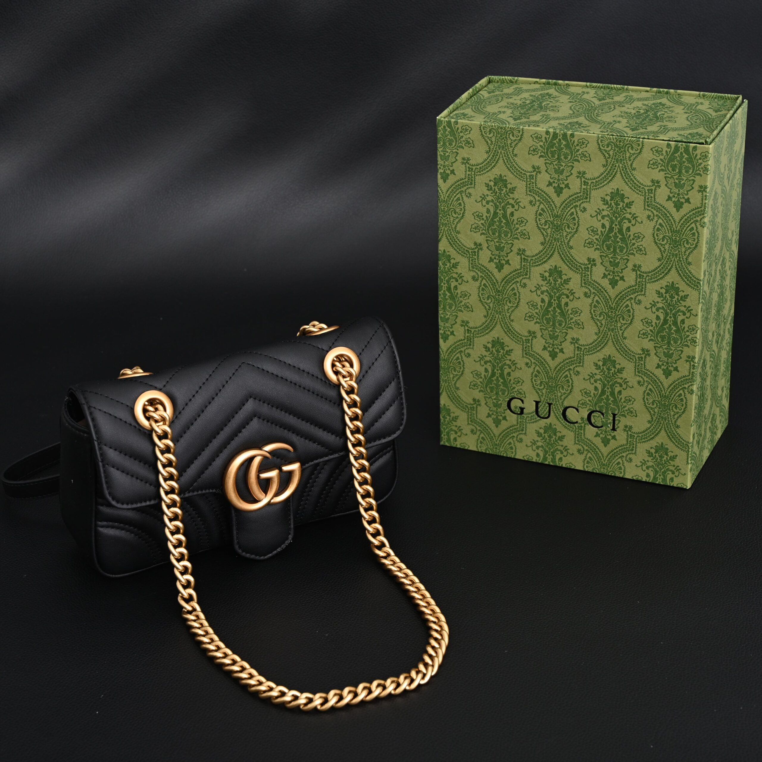 Gucci GG Marmont Small Matelassé Shoulder Bag – Black Leather with Gold Hardware - Image 1
