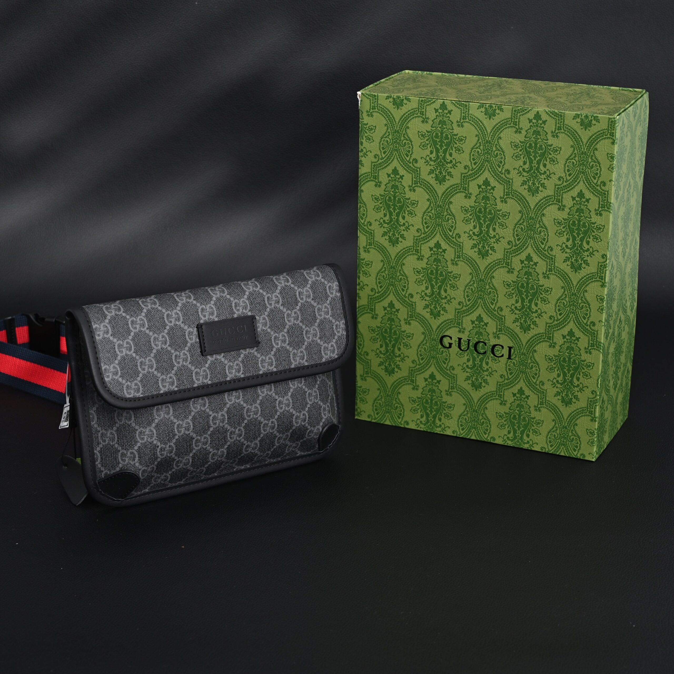 Gucci Ophidia GG Supreme Belt Bag – Black/Grey with Web Strap - Image 1
