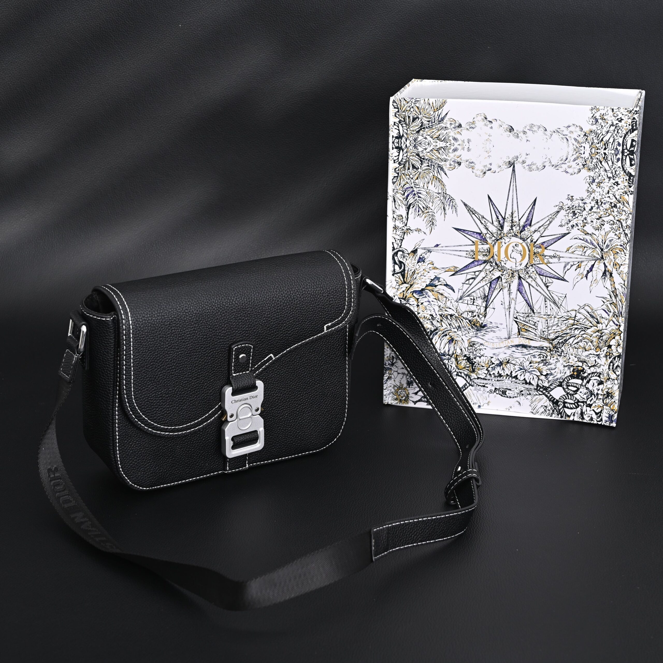 Dior Saddle Crossbody Bag – Black Grained Calfskin with Silver-Tone Hardware - Image 1