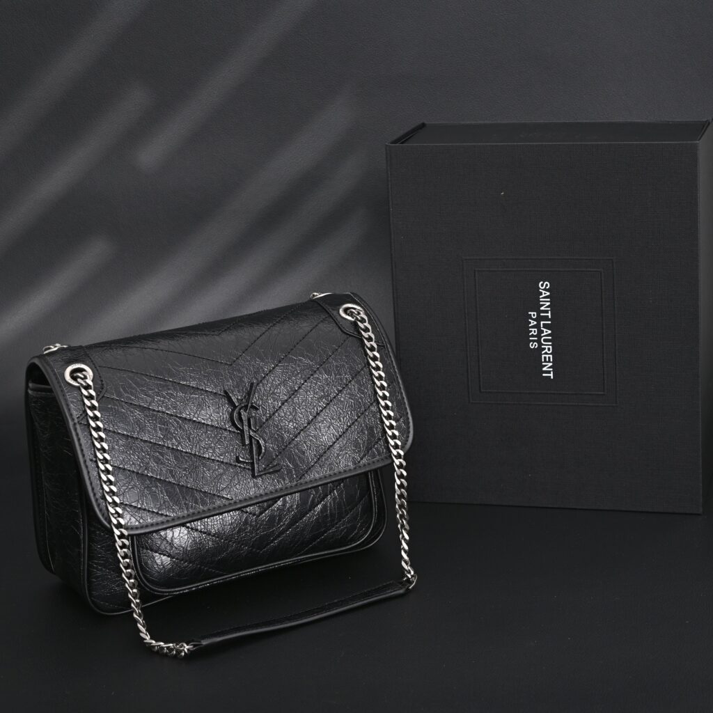 Saint Laurent Niki Medium Black Crinkled Leather Shoulder Bag