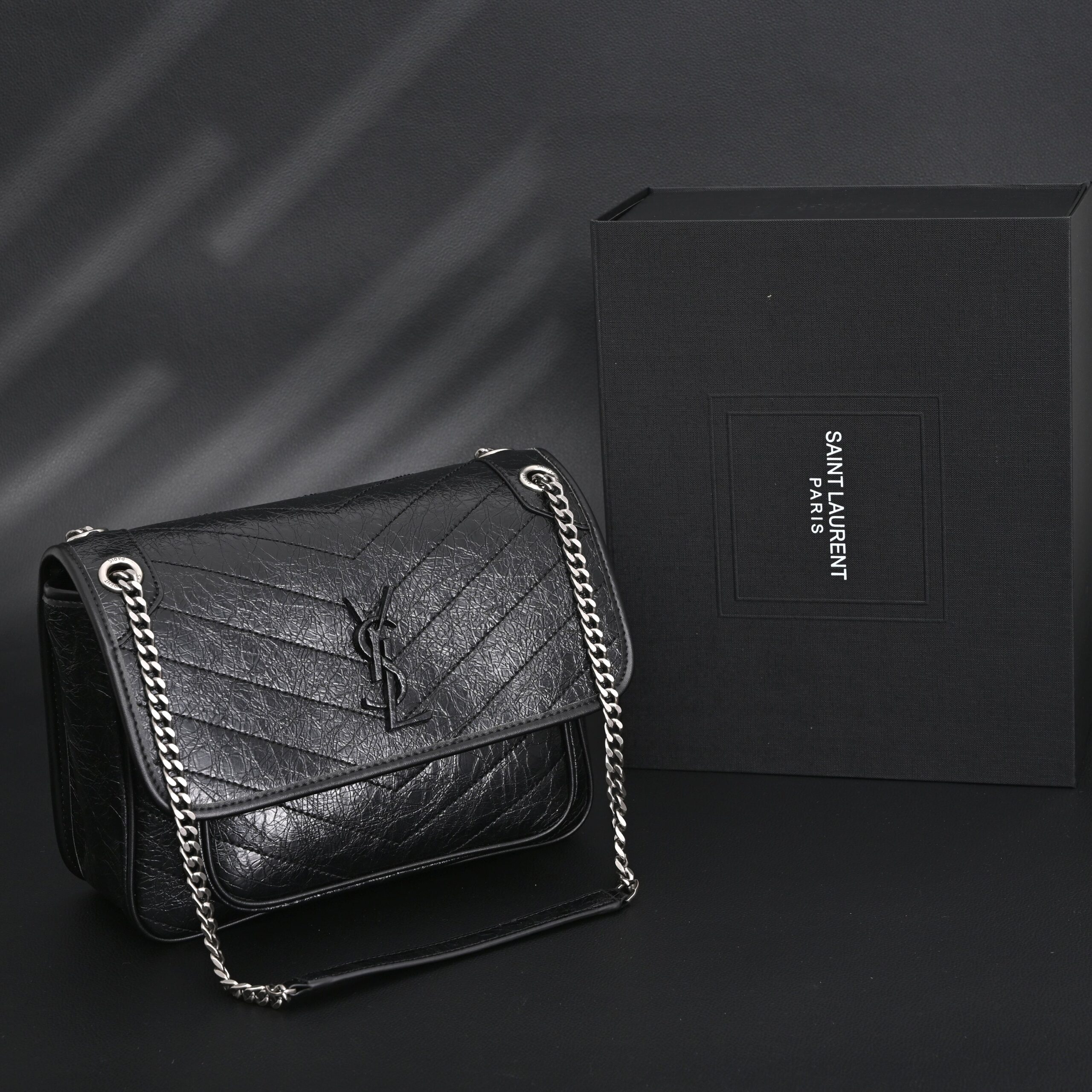 Saint Laurent Niki Medium Black Crinkled Leather Shoulder Bag - Image 1