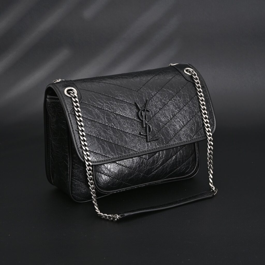 Saint Laurent Niki Medium Black Crinkled Leather Shoulder Bag
