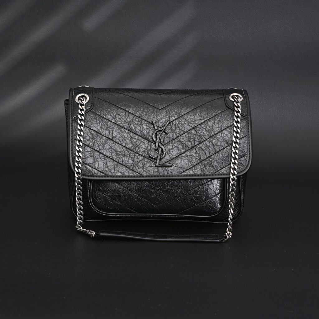 Saint Laurent Niki Medium Black Crinkled Leather Shoulder Bag