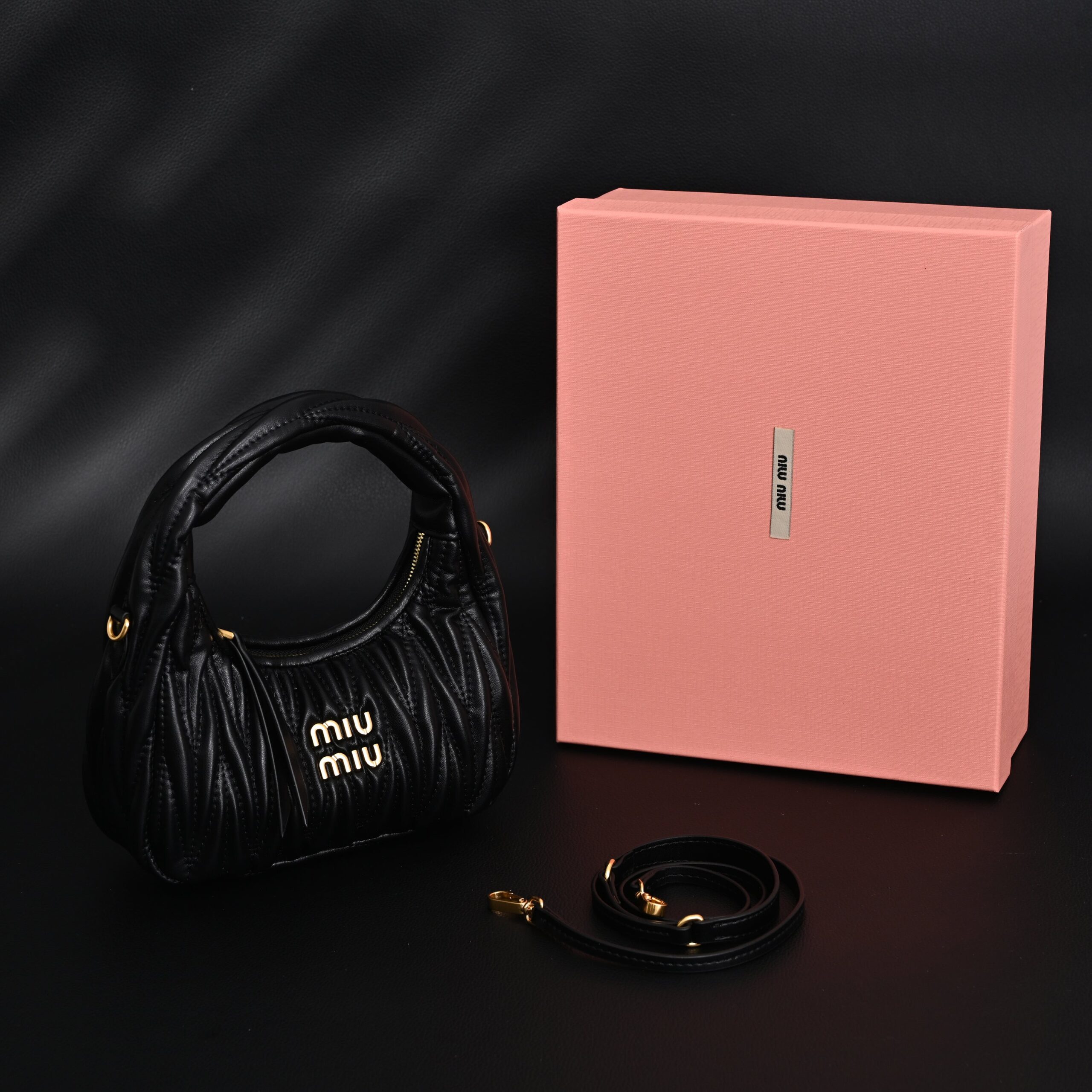 Miu Miu Matelassé Leather Hobo Bag – Black with Gold Hardware - Image 1