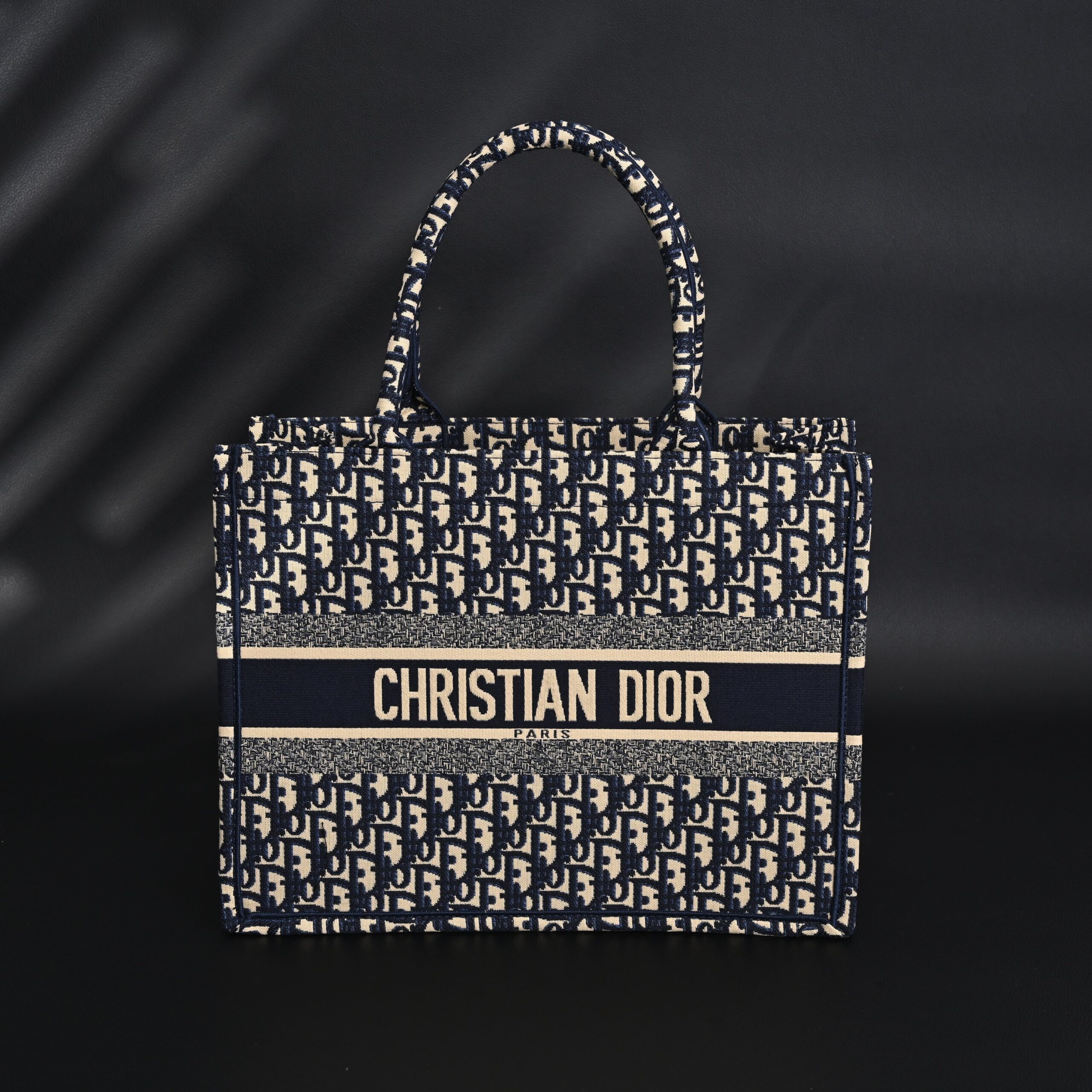 Christian Dior Large Book Tote – Blue Oblique Embroidery (Blue with Beige Contrast) - Image 1